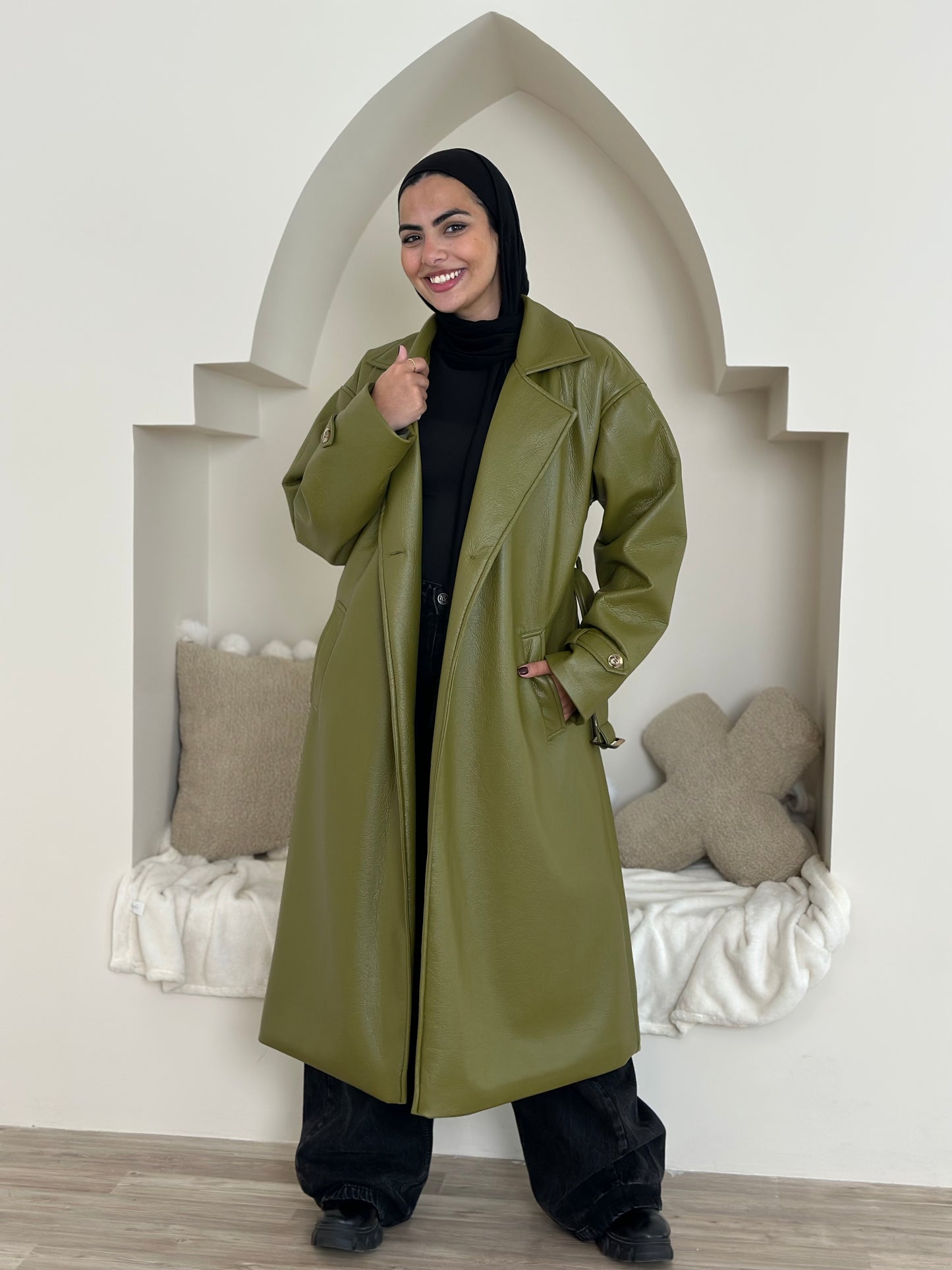 long leather coat- olive