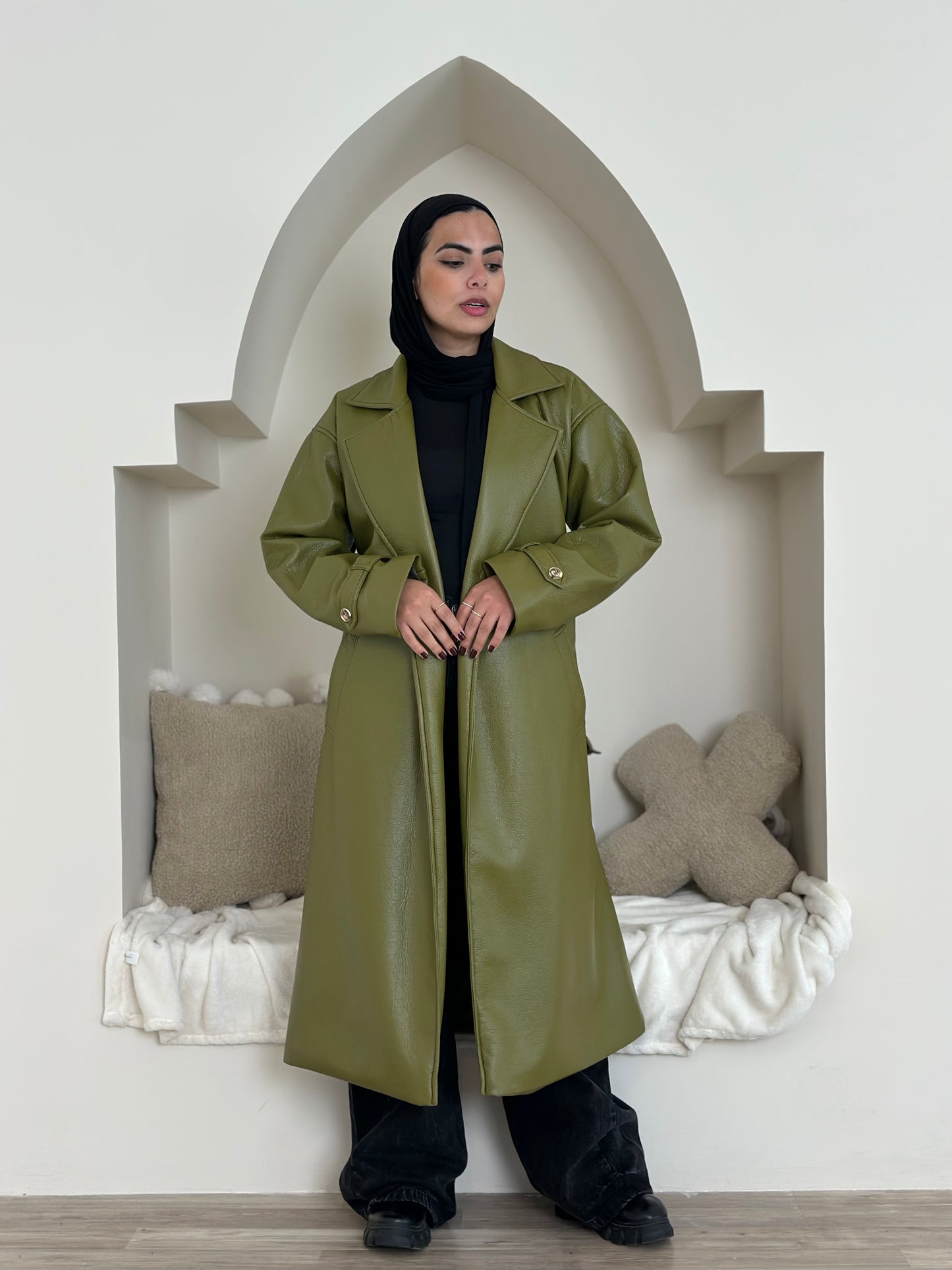 long leather coat- olive