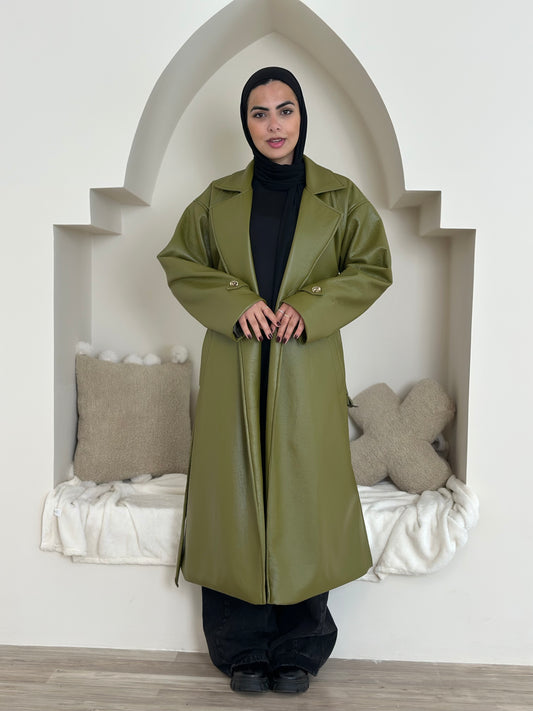 long leather coat- olive