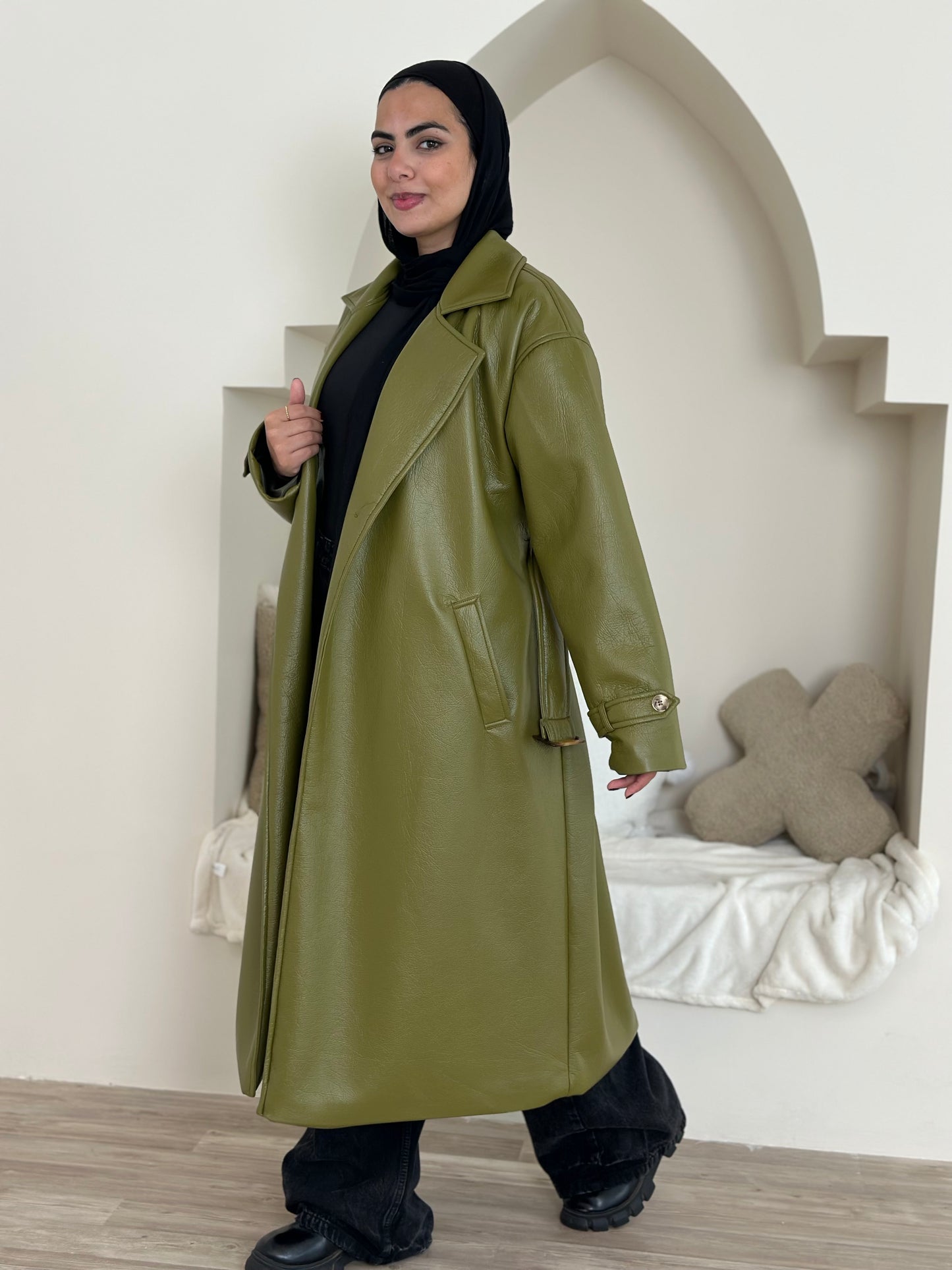 long leather coat- olive