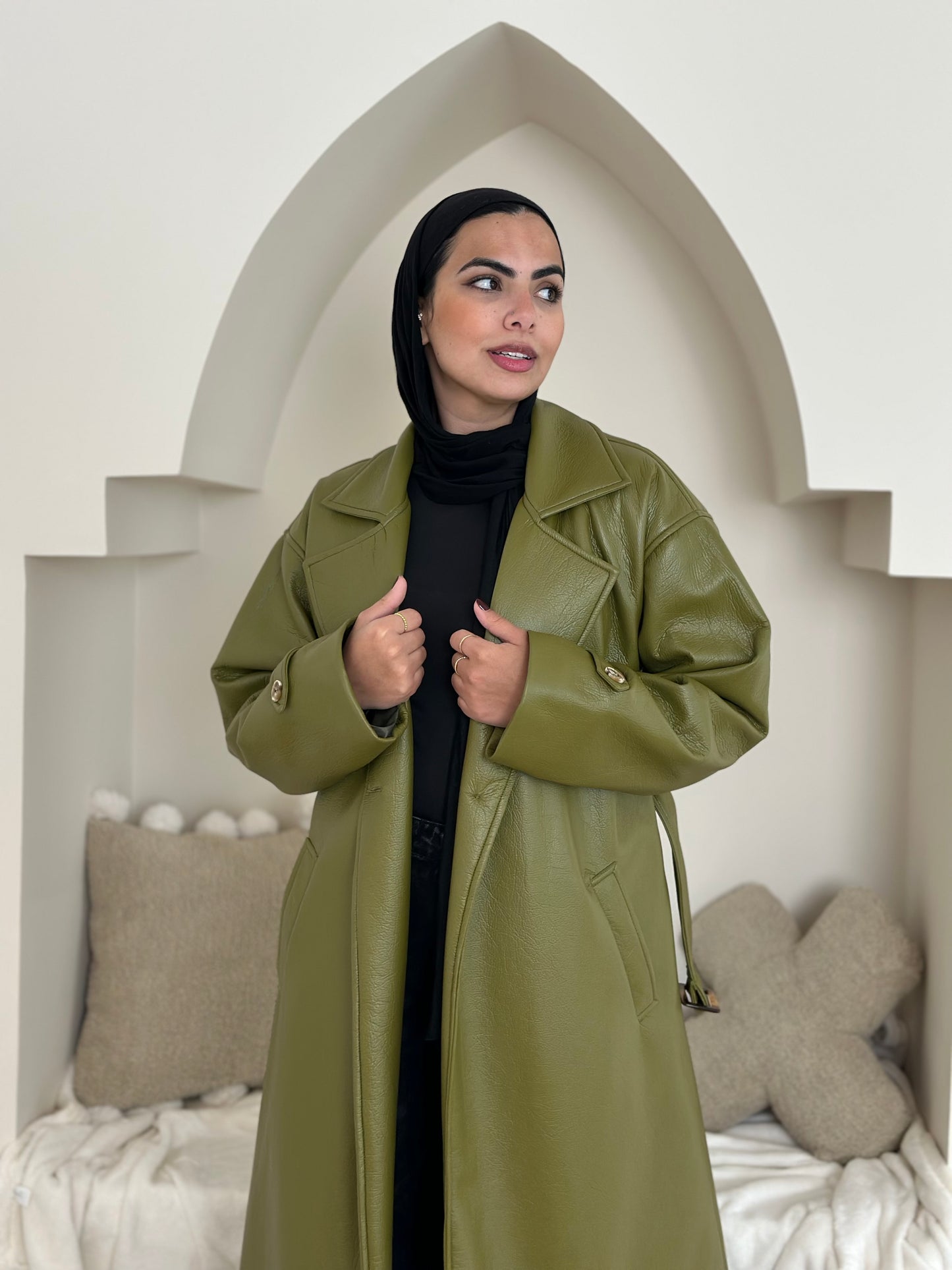 long leather coat- olive