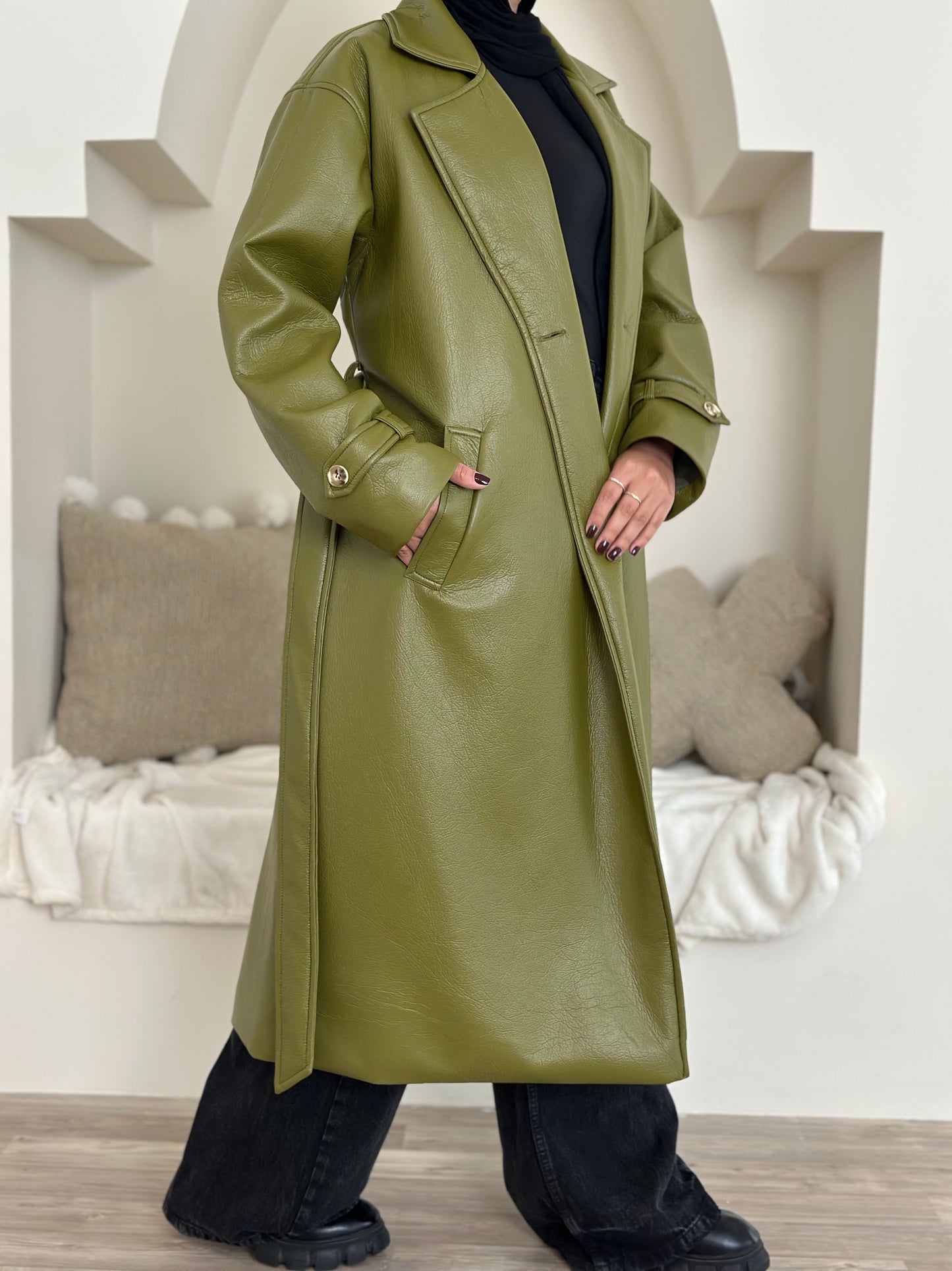 long leather coat- olive