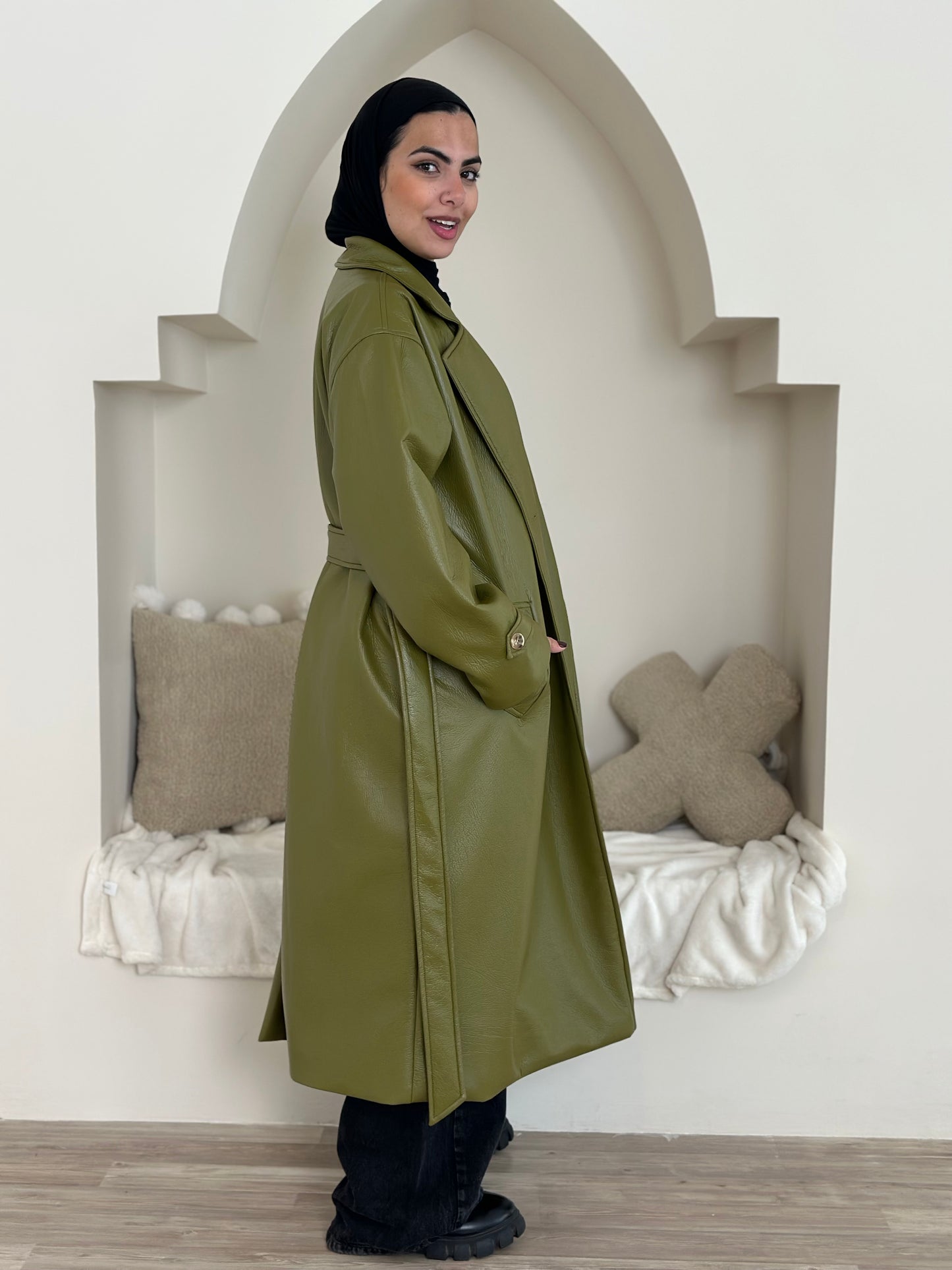 long leather coat- olive