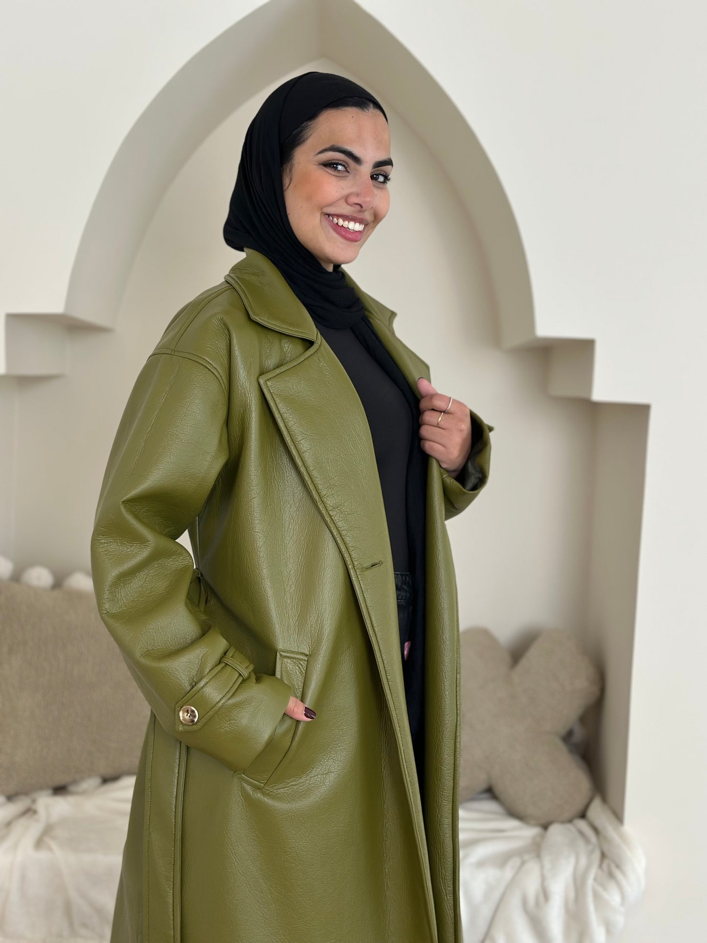 long leather coat- olive