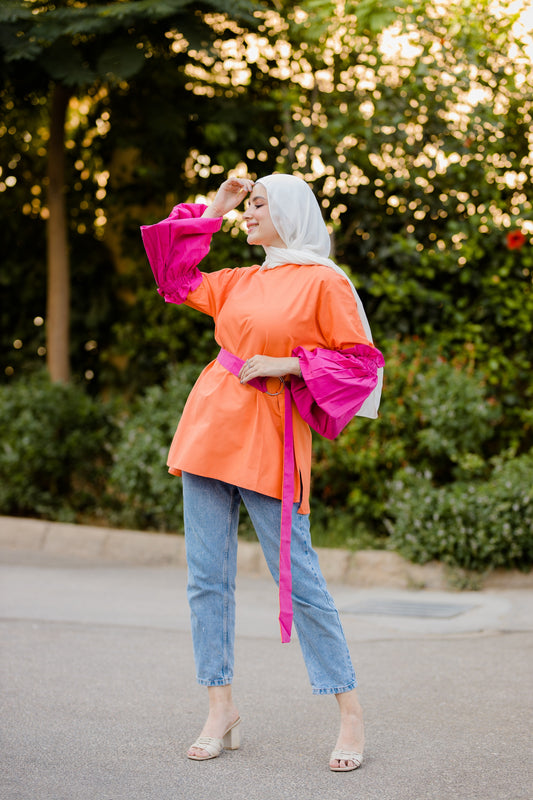 BALLOON SLEEVE BLOUSE ( ORANGE VS PINK)