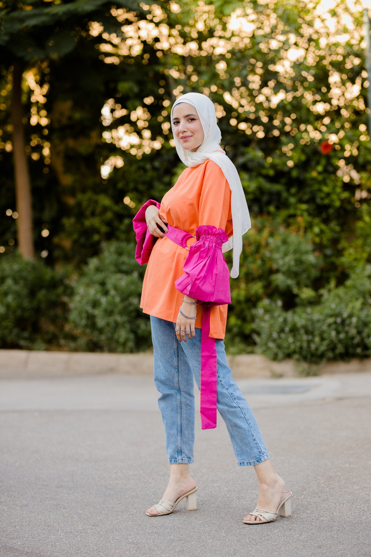 BALLOON SLEEVE BLOUSE ( ORANGE VS PINK)