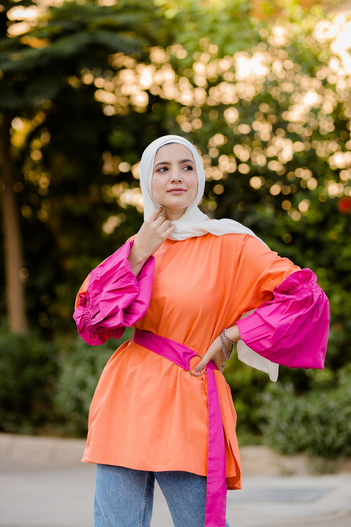 BALLOON SLEEVE BLOUSE ( ORANGE VS PINK)