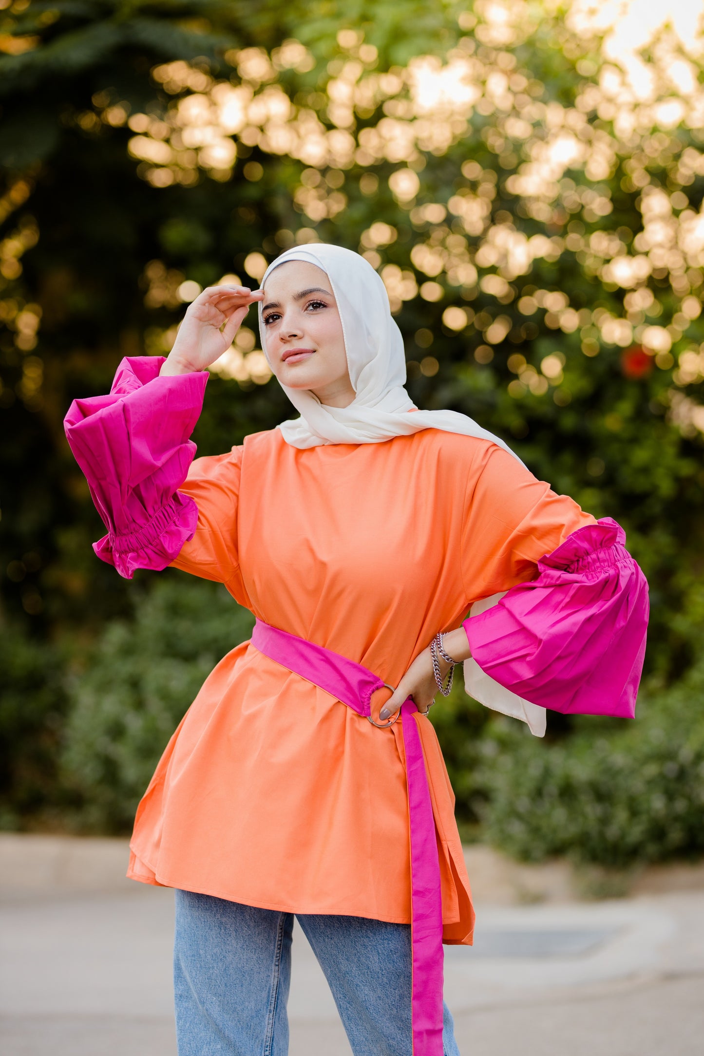 BALLOON SLEEVE BLOUSE ( ORANGE VS PINK)